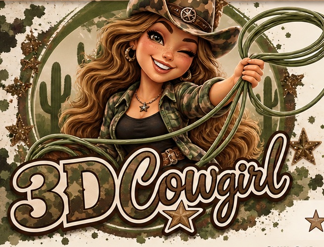 3D Cowgirl illustrated in olive, tan and brown western colors holding a filament lasso